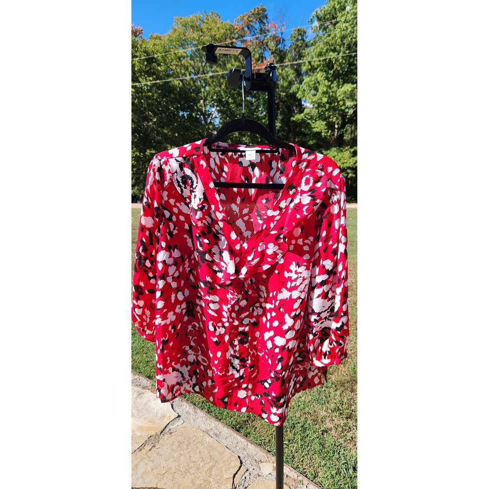 Liz Claiborne Red Abstract Print Ruffle V-Neck Blouse XXL 3/4 Sleeve Top